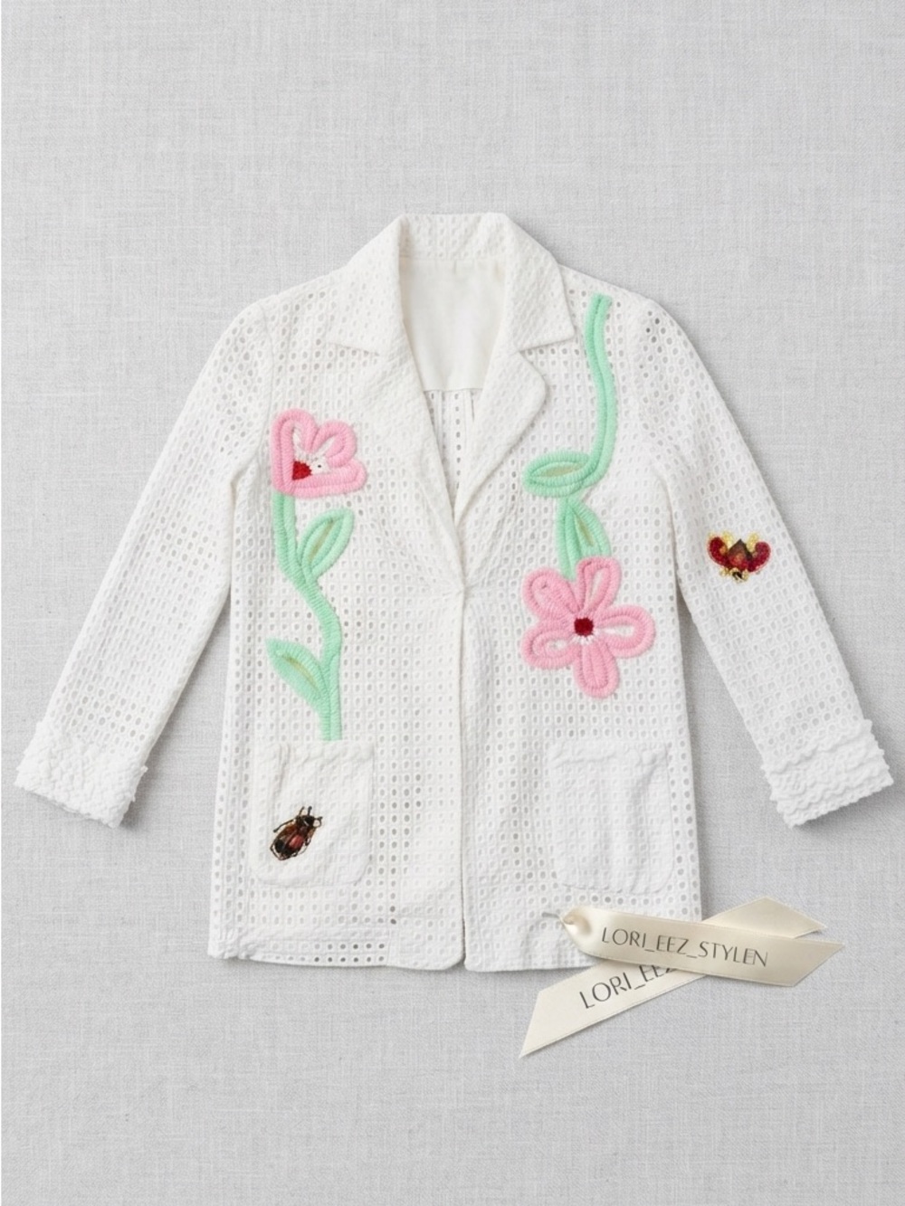 White Eyelet Floral Crochet-Trim Embroidered Jacket